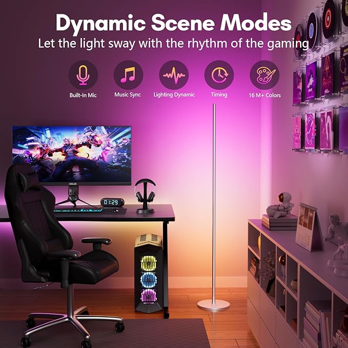 luckystyle Smart RGB Corner Floor Lamp,Bright LED Tall Modern Floor Lamp with APP and Remote,Ambient Lighting Color Changing Standing Lamps with Music Mode and Timing for Living Room,Bedroom Silver