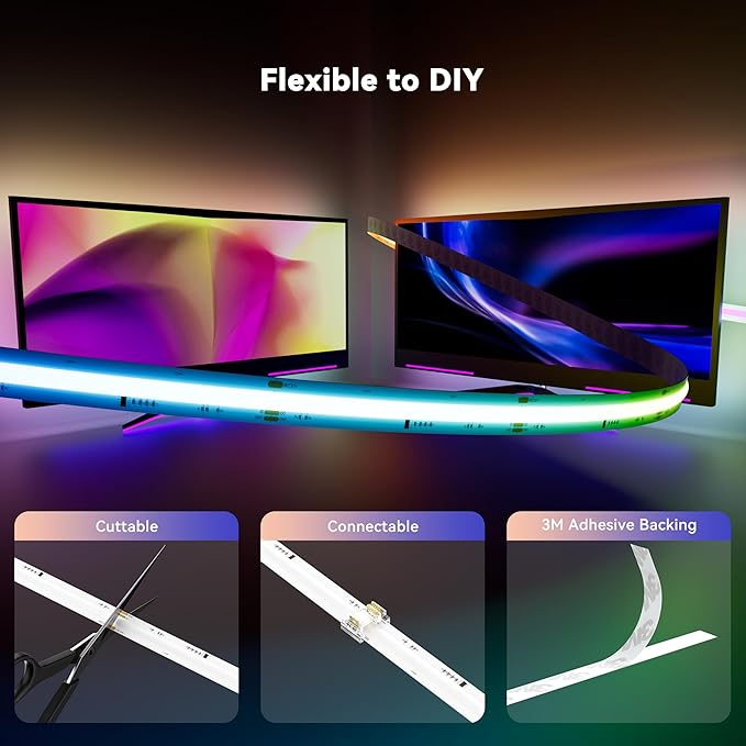 MIWISE LED Strip Lights,RGB Smart IC COB LED Strip Light Color Chasing,24ft Multicolor Flexible LED Tape Light,Music Sync with APP Control,Addressable DIY 16M Colors, for Cabinet,Bedroom,Party Decor