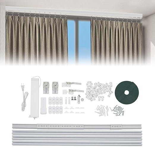 Smart Curtain Motor with Remote, Compatible with Alexa & Google Home App Control, 18W Electric Curtain Rail Track for Smart Home, 90-240V Power (3.28ft Cord) (White)