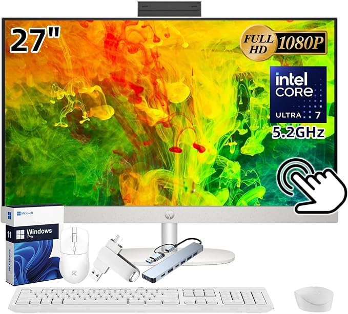 HP 27" All-in-One Touchscreen Desktop PC 2025 New, Intel Ultra 7 255U (Up to 5.2GHz), Intel AI Boost, 27 inch FHD Touchscreen Anti-Glare Display, 64 GB DDR5 5600MT/s, 1 TB Gen4 SSD, Windows 11 Pro