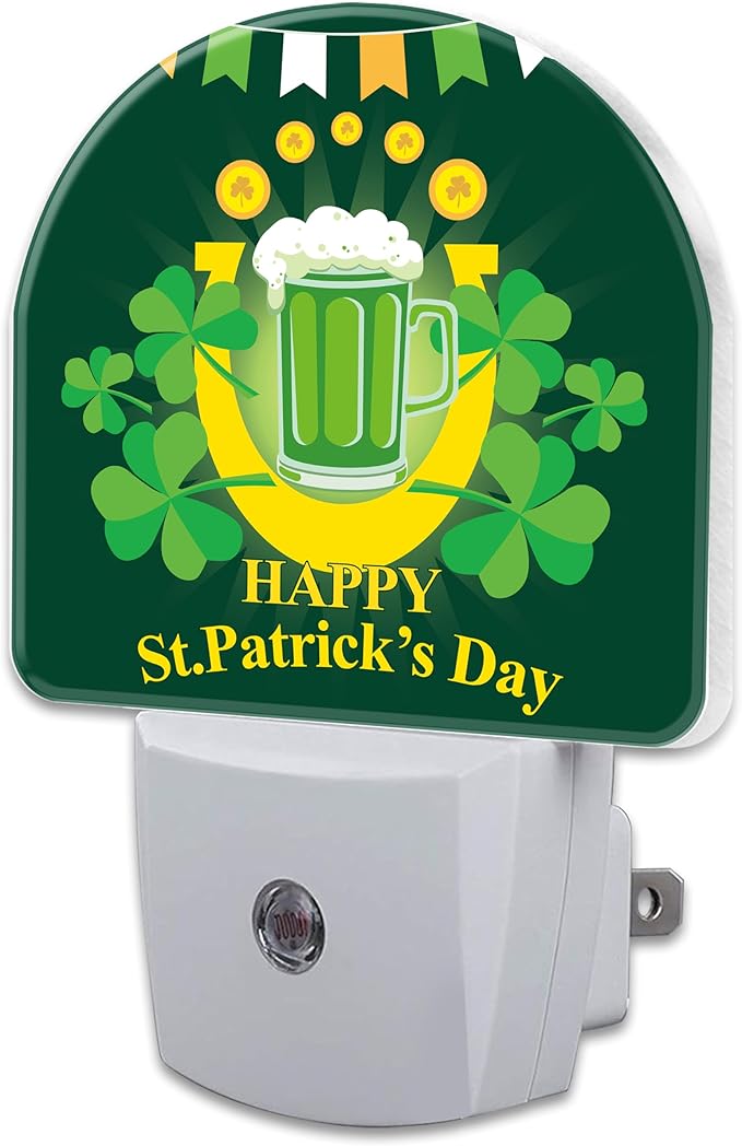 Happy St. Patrick's Day Night Light for Kids,Clover and Green Beer Night Light Plug in with Dusk to Dawn Sensor, 0.5w Energy Saving Sleep Friendly Nightlight for Hallway Stairway Kitchen Bedroom