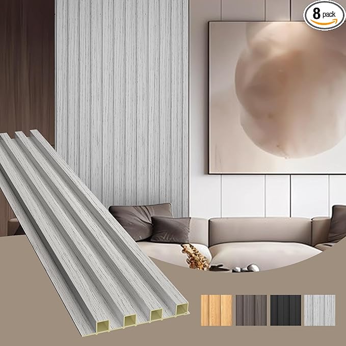 OUZUGIE WPC Acoustic Slat Wall Paneling, 8-Pack 114 x 6 Inches 3D Wall Panels for Interior Wall Decor,Living Room,TV Background,Study Room,Office Spaces,Bedroom,High Grille (Grey)