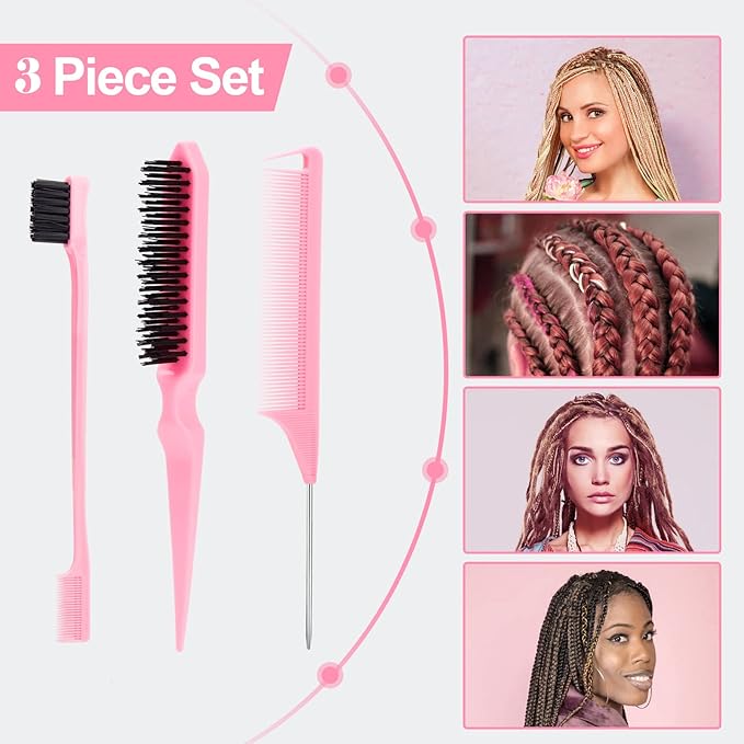 SWEET VIEW 3 Pcs Slick Back Hair Brush, Rat Tail Comb, Edge | Bristle Brush, Hair Accessories for Girls, Kids, Toddlers Sleek Ponytail/Bun, Edge Control and Smoothing Baby Hair & Flyaways