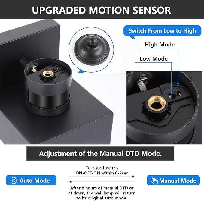 LWSOY Motion Sensor Outdoor Wall Lanterns 2 Packs, Upgrade Dusk to Dawn Exterior Light Fixture, 3 Lighting Modes, Waterproof Front Porch Lights for Garage Patio Garden House Entryway, Black.