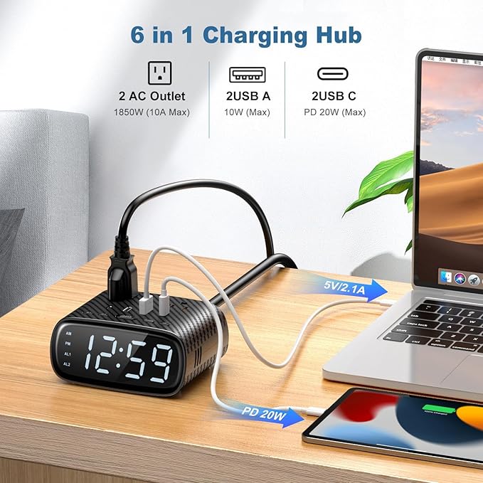 10PCS Alarm Clock with 2 USB-C, 2 USB-A Chargers Power Strip 2 Outlets - Screen LED Dimmable Digital Clock with Snooze Function - Dual Alarm for Bedside Nightstand