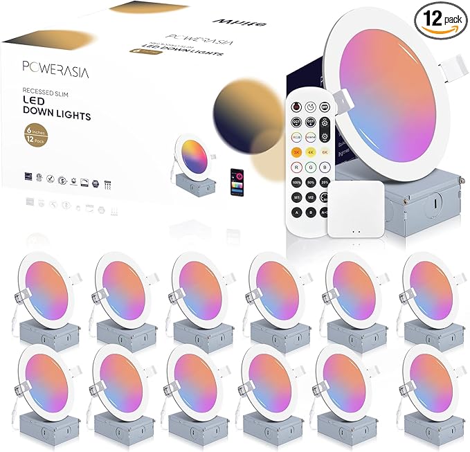 POWERASIA 12 Pack Smart Recessed Lighting 6 Inch, Ultra-Thin LED Recessed Lighting 12W 1200LM Smart Downlight with Junction Box, Compatible with Alexa/Google Assistant - ETL and Energy Star Certified