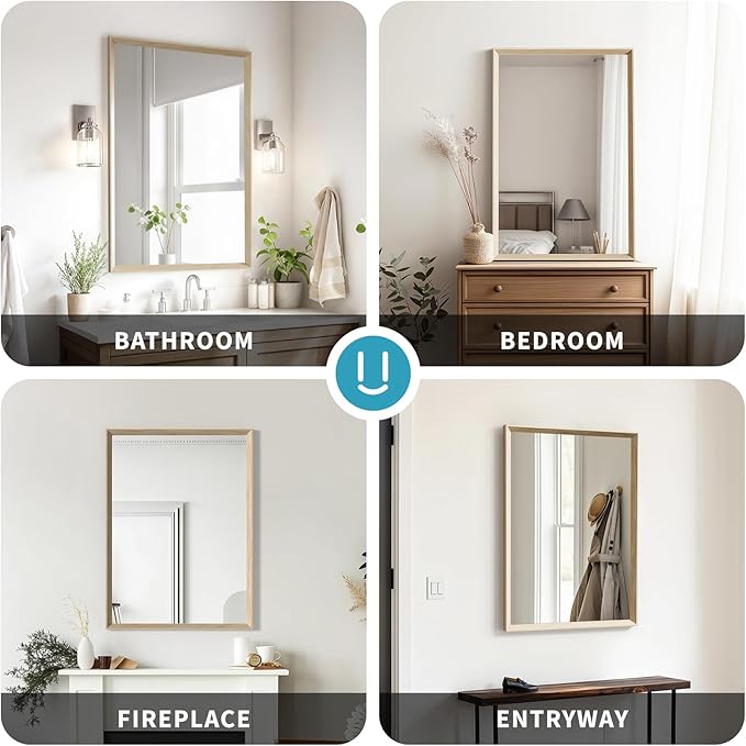 Oak Wood Effect Framed Wall Mirror, 24x36 Rectangle Mirror, 1/8" Anti-desilvering Tempered Glass, Sustainable& Sturdy Frame, Anti-Rust, HD Reflection &3min Fast Setup for Bathroom Living Room