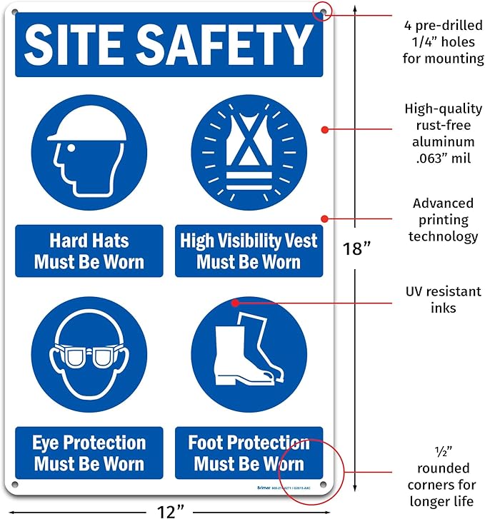 Brimar - 12" x 18" - Site Safety Mandatory PPE Sign - .063″ White Rust-Free Aluminum - Comprehensive Message - Easy Installation