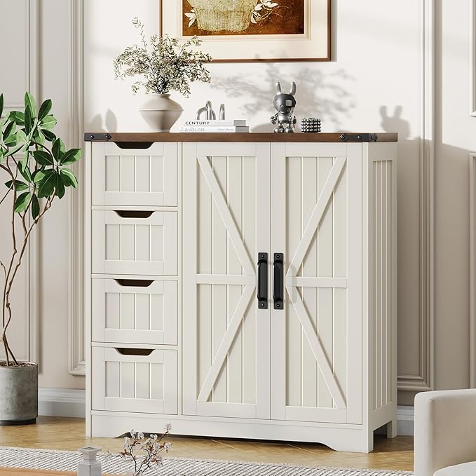 Vabches Farmhouse Bathroom Cabinet, Freestanding Storage Cabinet with 4 Drawers and 2 Doors, Rustic Storage Organizer with Adjustable Shelf for Bathroom, Living Room, Entryway, White