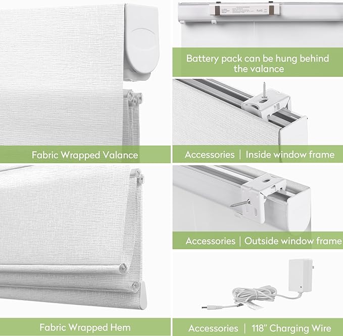 ZSTARR Smart Roman Shades Rechargeable Motorized Blinds with Remote Full Blackout Roman Window Shades Plain Fold Soft for Doors Bedroom, Custom Size (White)