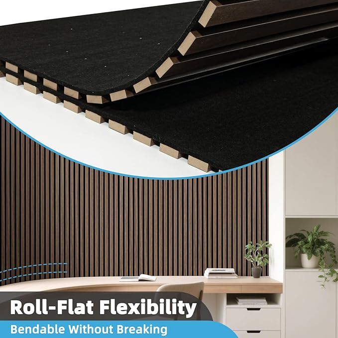 Art3d 1-Pack Acoustic Wood Slat Wall Panel with Roll-Flat Design - 95.3 x 23.8 Inch Sound Absorbing Panels for Living Room Columns Corridor Curved Wall Decor, Walnut