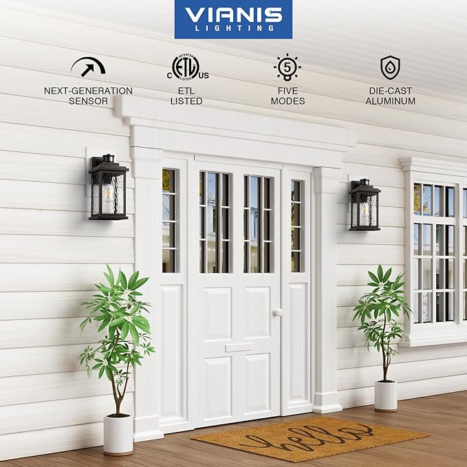 VIANIS Advanced Motion Sensor Light Outdoor, 2 Pack Large Bronze Exterior Lighting Fixtures, Easy-to-Install, Aluminum Waterproof Porch Lights Outdoor with Water Glass for Porch, Garden, Front Door