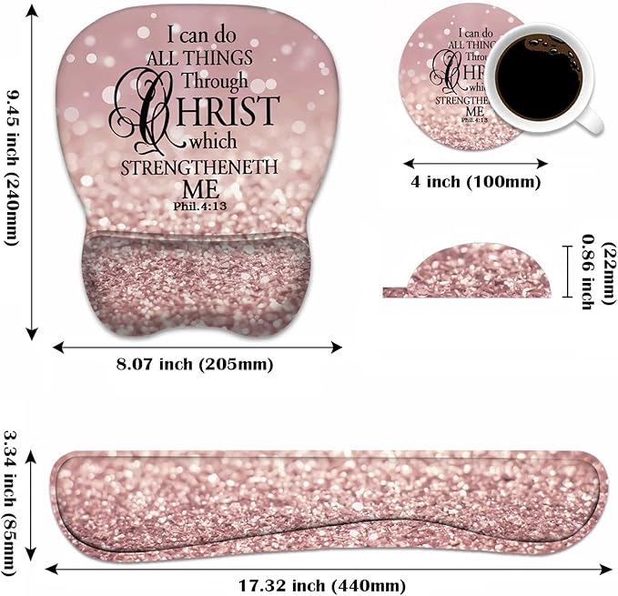 Ergonomic Mouse Pad Wrist Support and Keyboard Wrist Rest Set with Coasters, Non-Slip PU Base, Easy Typing & Pain Relief, Perfect for Home Office Working Studying, Bible Verse Phil 4-13