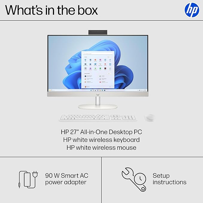 HP 27" FHD Touchscreen All-in-One Desktop Computer, 16GB DDR5 RAM 512GB SSD Storage, Quad-Cores Ryzen 5 7520U Processor, WiFi6, Wireless Keyboard & Mouse, Windows 11