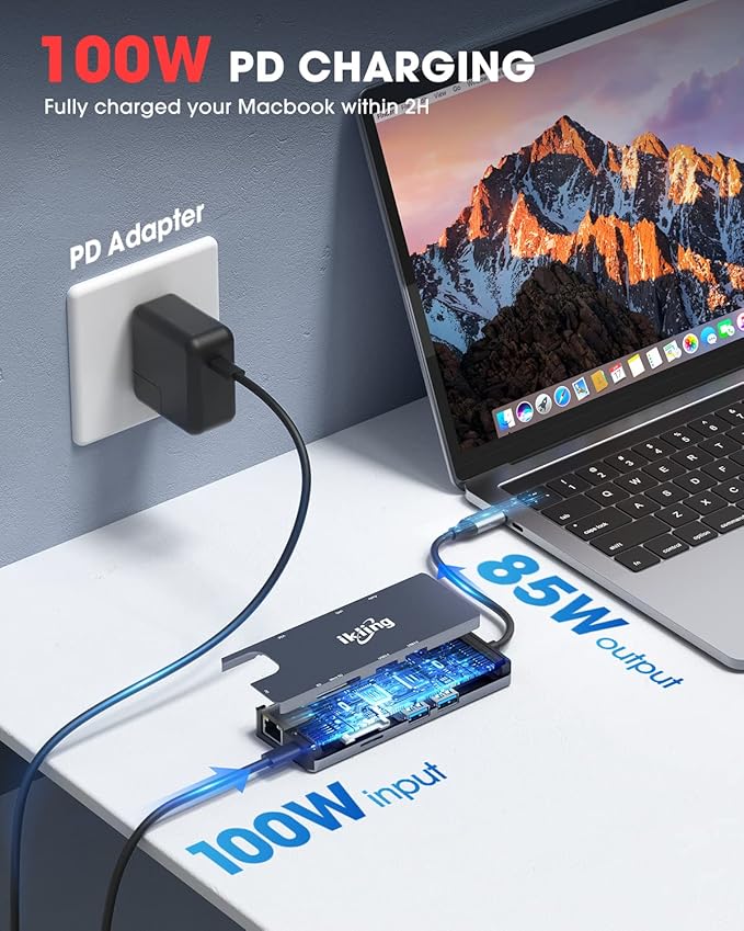 ikling USB C Hub, 9-in-1 USB C Adapter with 4K USB C to HDMI, VGA, Gigabit Ethernet, 100W PD, 2 USB-A 5 Gbps, MicroSD/SD Card Reader, USB C Dock for Most Type-C Devices