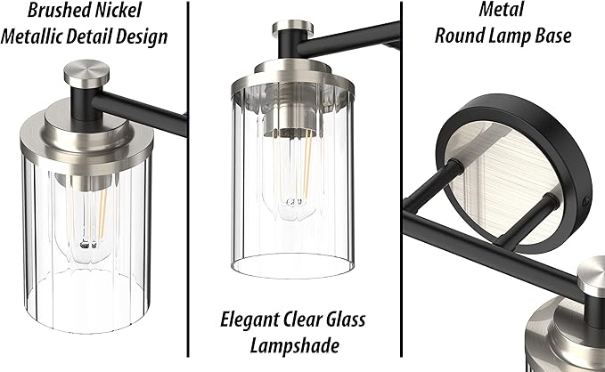 PHIXART Bathroom Lighting Fixtures Black and Brushed Nickel Bathroom Vanity Light with Cylindrical Clear Stripes Glass Lampshade E26 Socket Base Bathroom Lighting Fixtures Over Mirror (2 Lights)