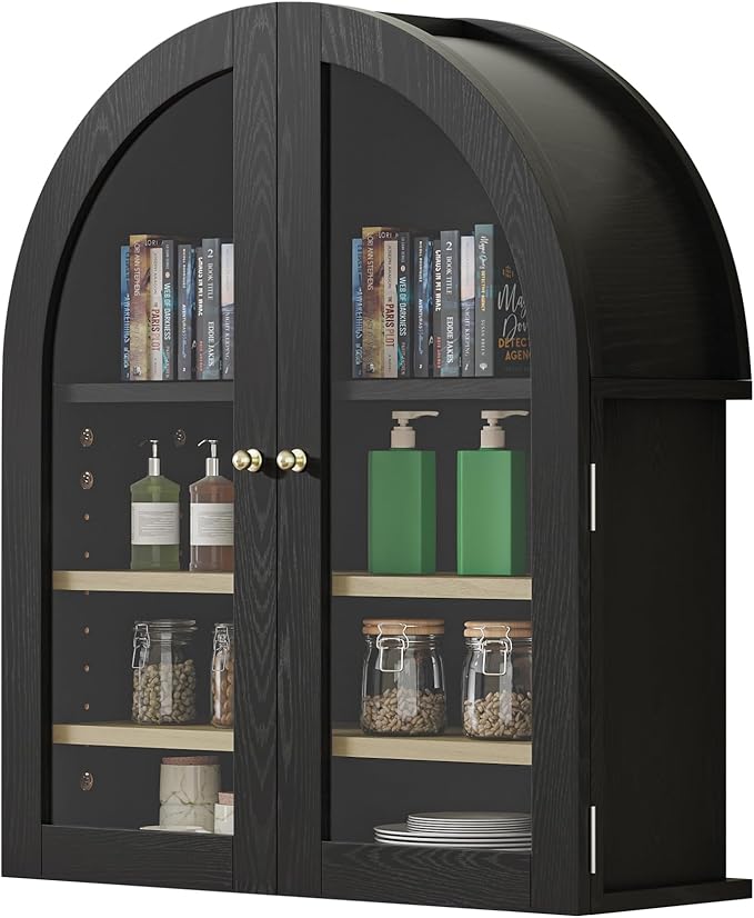 HOACT Arch Bathroom Wall Cabinet with Glass Door, 23.6" Above Toilet Storage Cabinet with Adjustable Shelves, Natural Medicine Cabinet for Kitchen, Laundry Room, Bedroom, Black