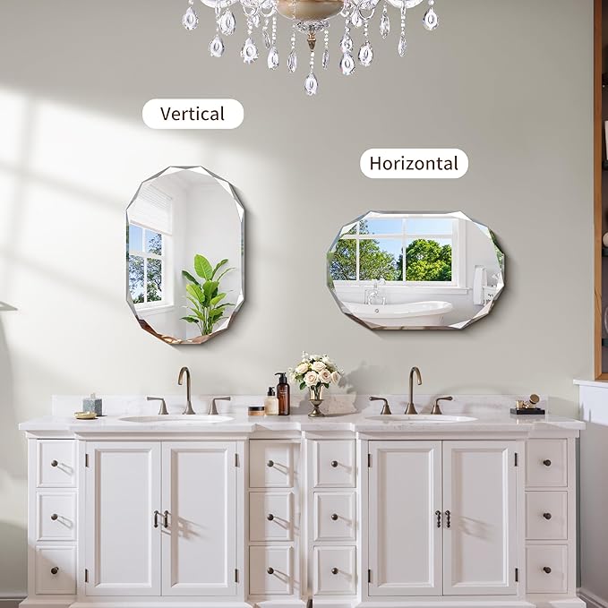GLASHOM Beveled Edge Frameless Bathroom Mirror, Oval Wall Mirror for Over Sink, 16" x 24" Modern Decorative Vanity Mirror for Bedroom, Living Room, Entryway, Hanging Mirror Horizontal or Vertical