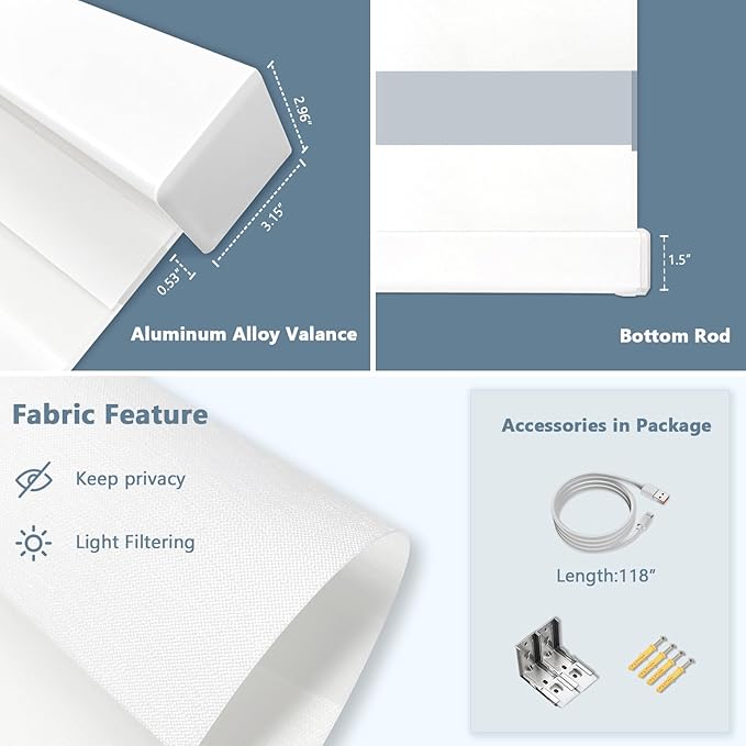 COOLWINDS Motorized Zebra Blinds for Windows Cordless Electric Curtains with Remote Control Blackout Shades Custom Smart Blinds Compatible with Alexa Google Home(Light Filtering White,W54 X 72in)