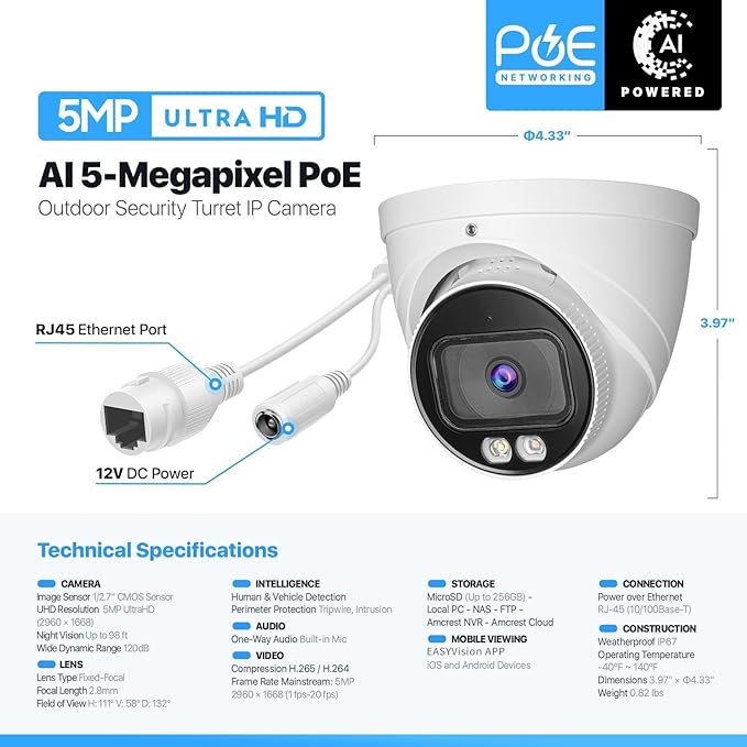 OHBET DahuaSecurity 5MP POE IP Turret Camera with AI Human/Vehicle Detection, IP67 Weatherproof, Smart Dual-Light Night Vision, Indoor/Outdoor Dome Camera, Metal Housing, Built-in Mic