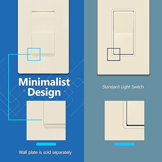 LIDER Minimalist Design Matte Finish Lighted Decorator Switch, Frameless Paddle Light Switch with Locator Light, Grounding Screw, 3-Way or Single Pole, 15A 120V, UL Listed, LS15-3W-LA, Light Almond