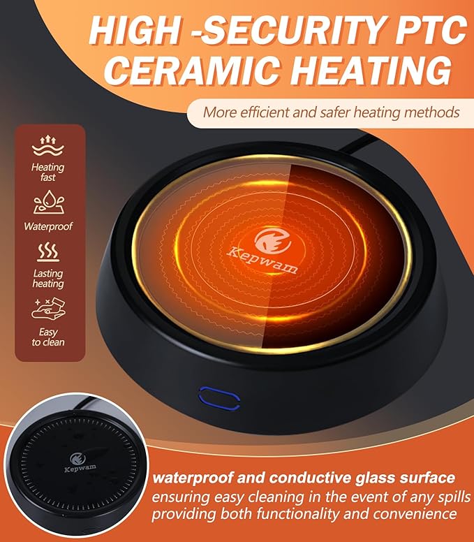 Kepwam Mug Warmer - 25W Coffee Warmer for Desk Auto Shut Off, 3-Level Temp with Indicator Lights, Smart Candle Warmer Plate, Cup Warmer Heated Coaster for Coffee, Milk, Tea, Safely Use for Office/Home