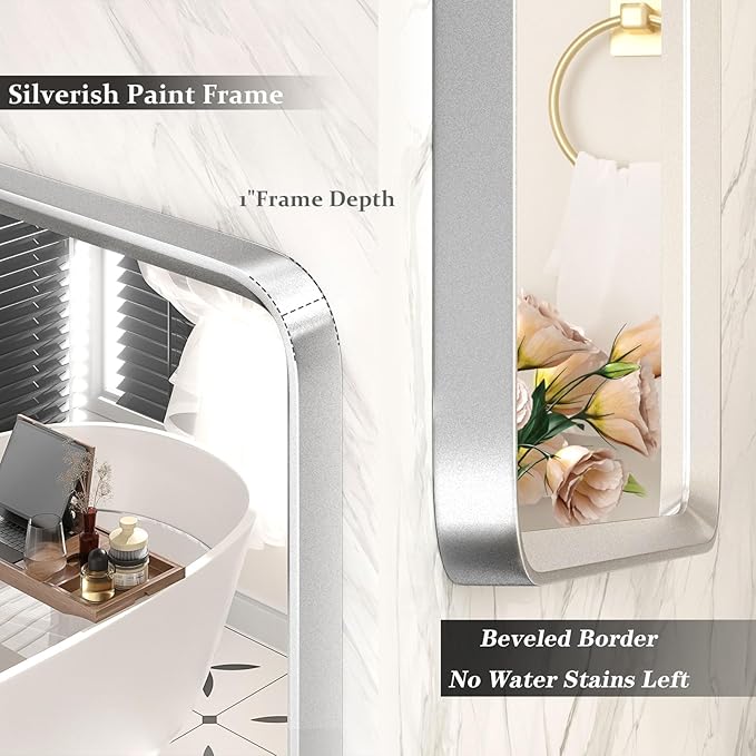 40x30 Silver Bathroom Mirror, Silver Vanity Mirror for Wall, Rounded Rectangle Mirror with Beveled Border, Anti-Rust, Shatterproof (Horizontal/Vertical)