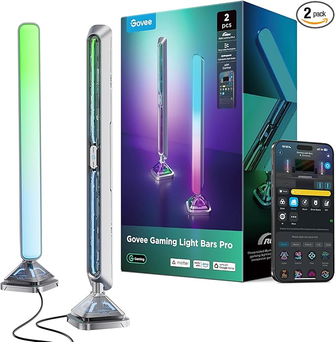 Govee Gaming Light Bars Pro, Upgraded 16-Inch Smart Triple-Sided RGBIC Illumination Wi-Fi LED Gaming Lights, Music Sync & 60+ Scene Modes, Works with Alexa & Google Home, Game Room Decor