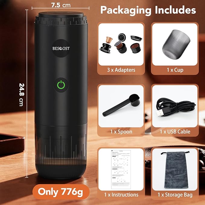 Portable Espresso Maker with Self Heating, 20 Bar 3-in-1 Electric Coffee Maker for Travel & Camping, 7800mAh Battery Coffee Machine Compatible with NS/DG Capsules & Ground Coffee, USB-C Charging