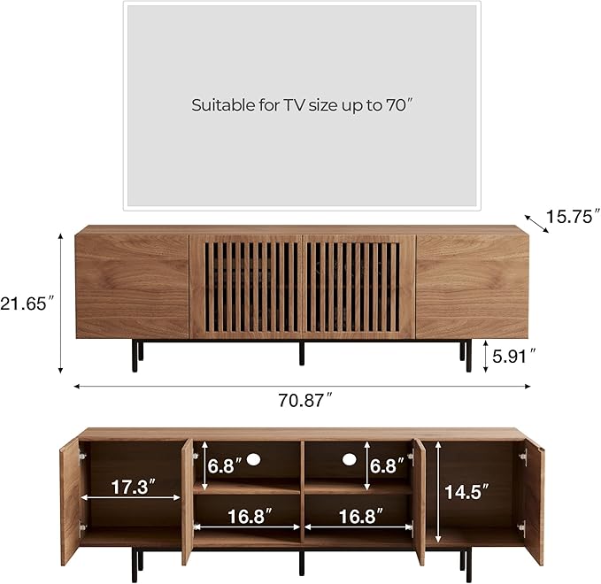 gaoyangjiaju Mid-Century Modern Expandable Coffee Table & TV Stand Set, Walnut Finish – Elegant Storage Combo for Living Room, Bedroom, or Lounge (70.87" TV Stand+Coffee Table)