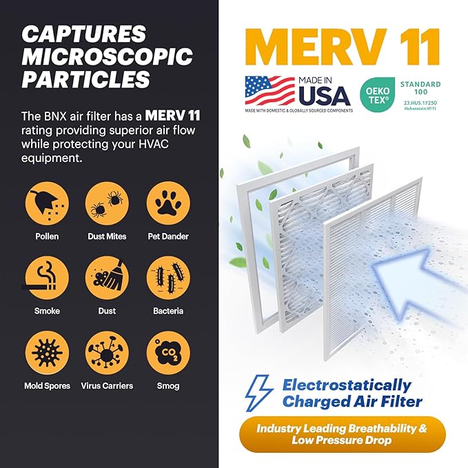 BNX TruFilter 12x12x1 Air Filter MERV 11 (6-Pack) - MADE IN USA - Allergen Defense Electrostatic Pleated Air Conditioner HVAC AC Furnace Filters for Allergies, Dust, Pet, Smoke, Allergy MPR 1200 FPR 7