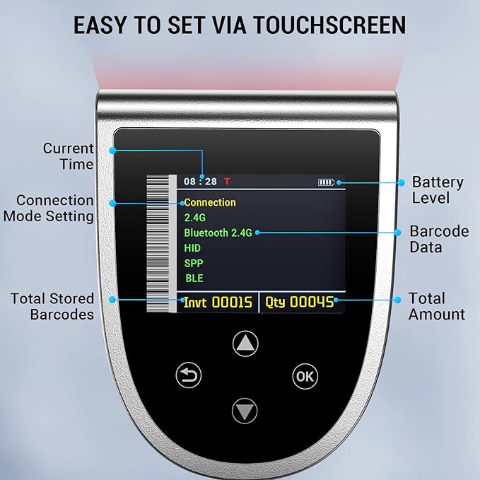 Tera Barcode Scanner Wireless with Screen: Pro Version 1D 2D QR with Digital Setting Keypad Power Switch Charging Cradle Works with Bluetooth 2.4G Wireless Bar Code Reader HW0015 Silver