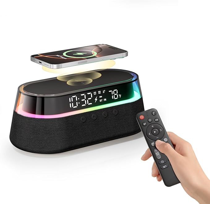KUANGXIANG 6-in-1 Bluetooth Speaker Alarm Clock with Remote, 15W Fast Wireless Charger Portable Speaker, FM Radio & Dimmable LED Night Light, Snooze 12 24H Dual Digital Clock for Bedroom Home Office