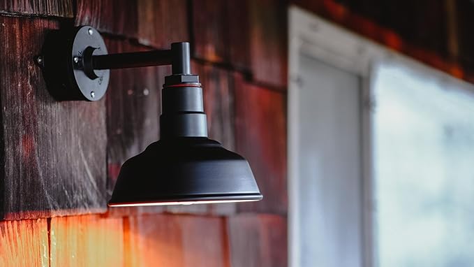 Steel Lighting Co. Hawthorne Barn Light | Outdoor Wall Mounted | 8 inch Dome | 16" Gooseneck | Small Farmhouse Light Made in America | Gray Blue Exterior/Brass Interior