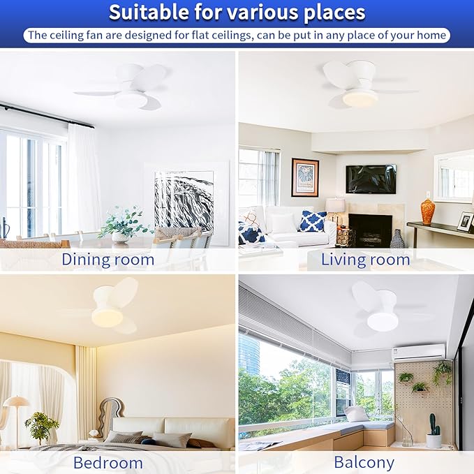 Glowall Small Ceiling Fan with Lights, 25 Inch Flush Mount with Remote Control, Reversible Quiet DC Motor, White, 3 Blades, 6 Speeds, Dimmable LED, Adjustable Color Temperature, Timer