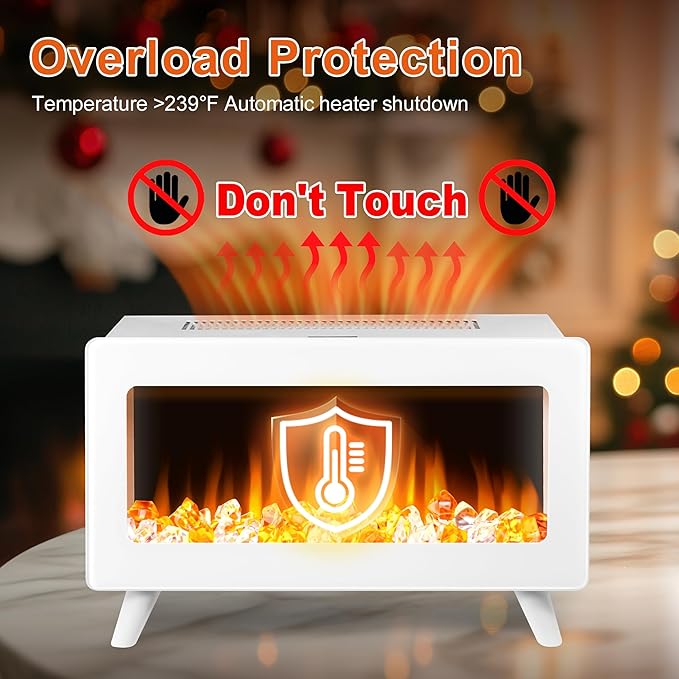 FLAME&SHADE 16 in Small Electric Fireplace Heater - Desk Space Heater with Realistic LED 3D Flames, Freestanding Fire Places Stove, 750 | 1500w, Overheating Protection (White)