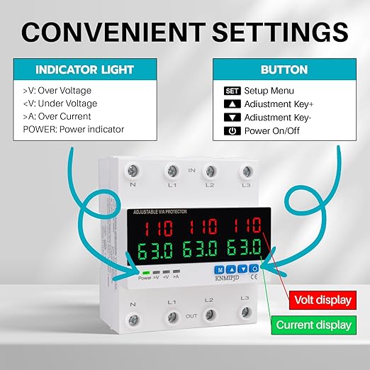 KNMIPJD Over Under Voltage Protection Device, 110V 63A Adjustable Circuit Breaker with LED Display for Real-Time Monitoring of Voltage, Current, Power, Home Commercial Electrical Safety（4P 63A）
