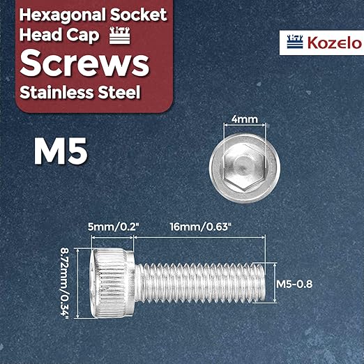 Kozelo 30pcs Socket Head Cap Screws - [M5-0.8 x 16mm] 304 Stainless Steel Allen Socket Drive for Electrical Motor 3D Printing Fan Engine Replacement Use, Silver