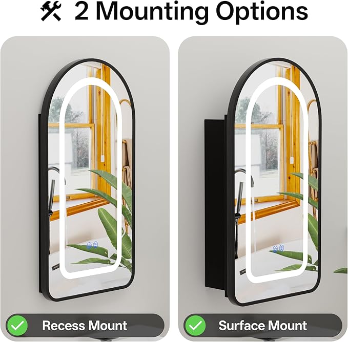 LED Arched Bathroom Medicine Cabinet with Mirror, No Assembly Needed, Recessed or Surface Mount Wall Storage Cabinet, Mirror Cabinet with Tissue Slot (Black-LED, 29.5" L x 15.7" W)