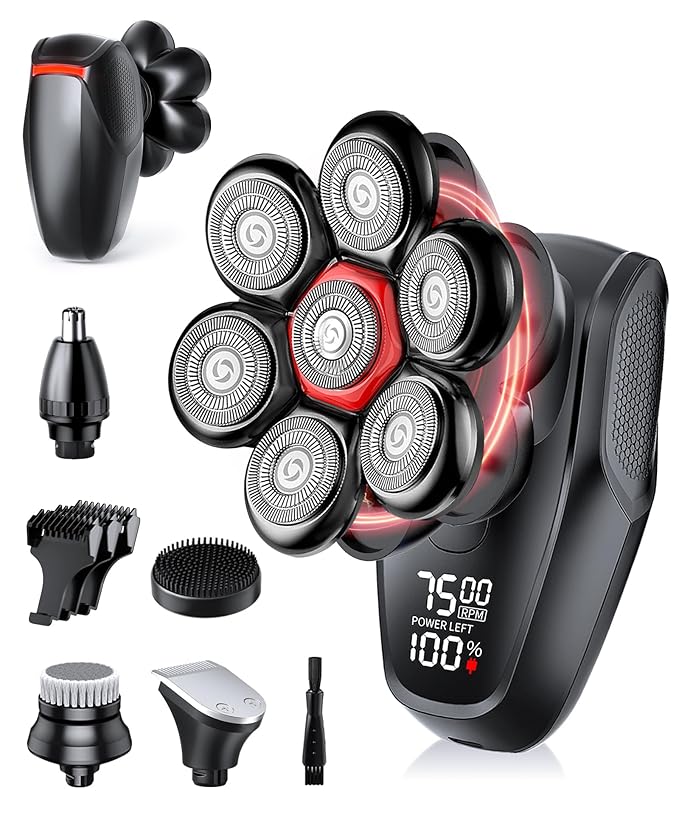 MALEGEBAZ Head Shaver for Bald Men：IPX8 Waterproof 7D Magnetic Electric Head Shaver with LED Display, USB-C Fast Charge, Travel Lock & 5 Attachments, Valentines Day Gifts for him,Black