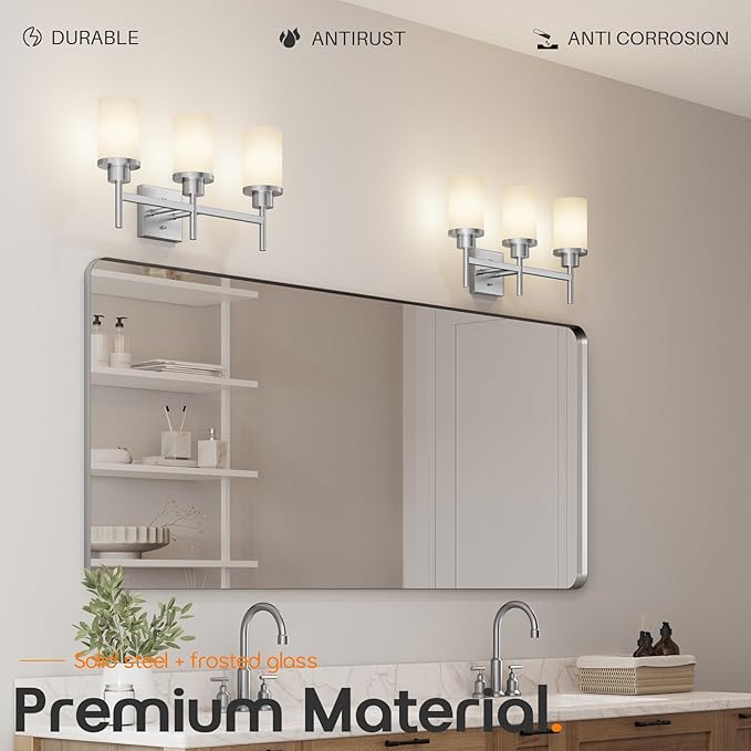 AONEON Bathrom Light Fixtures Brushed Nickel 3-Light with White Frosted Glass Shade, Modern Wall Lamps Over Mirror for Bath Washroom Living Room T001BR-L3