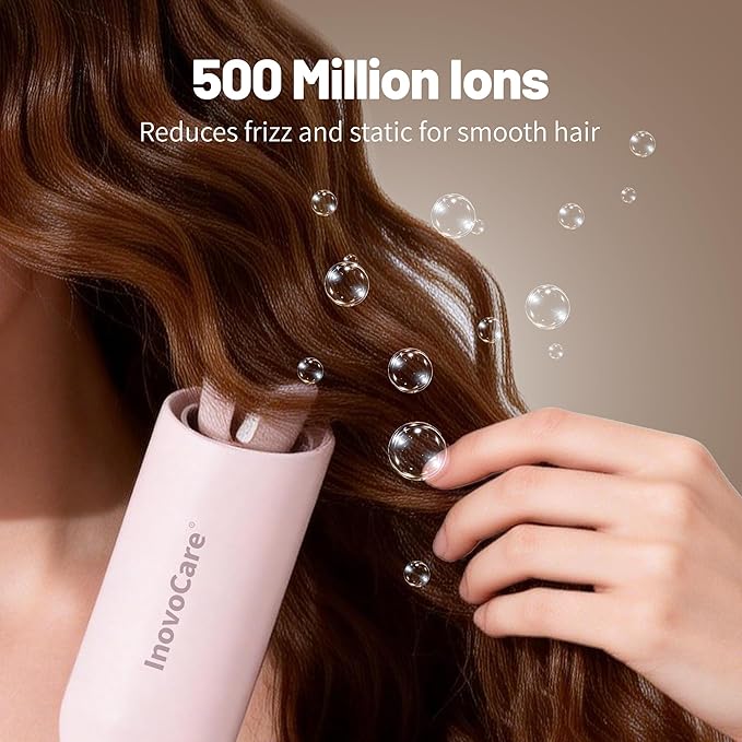 Inovocare Upgraded Automatic Rotating Curling Iron - CurlPro Plus Long Barrel Curling Wand for Long Hair, Ceramic Hair Curler for Women, Anti-Scald, Tangle-Free, 600M Ionic, Dual Voltage (Misty Rose)
