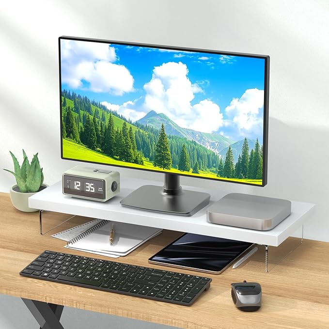 SSWOOD Monitor Stand Riser, Wood & Acrylic Computer Monitor Stand Desk Desktop Organizer Table for Home, Office Workspace, Laptop Riser, Printer, PC & TV Screen Riser