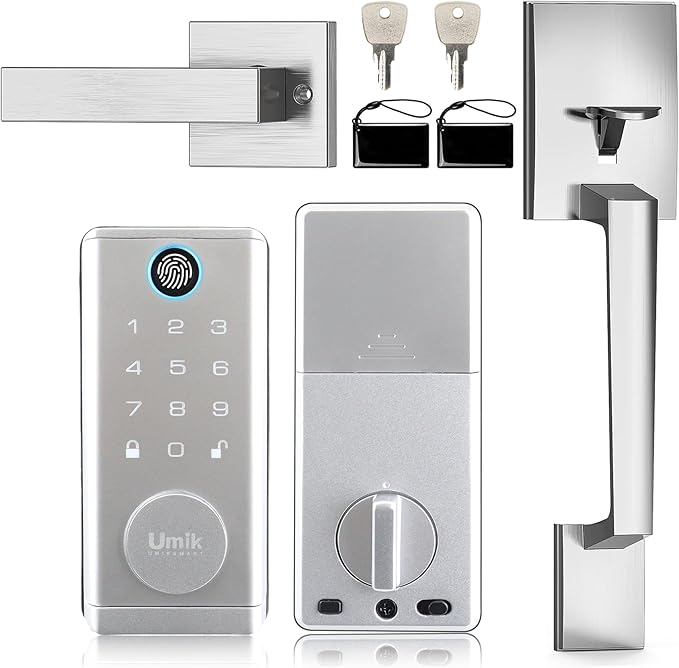 UMIK UMIKSMART Fingerprint Smart Door Lock with Heavy Duty Handleset, Keyless Entry Door Lock, Electronic Keypad Deadbolt Locks, App Control for Front Door, Home (Matte Silver)