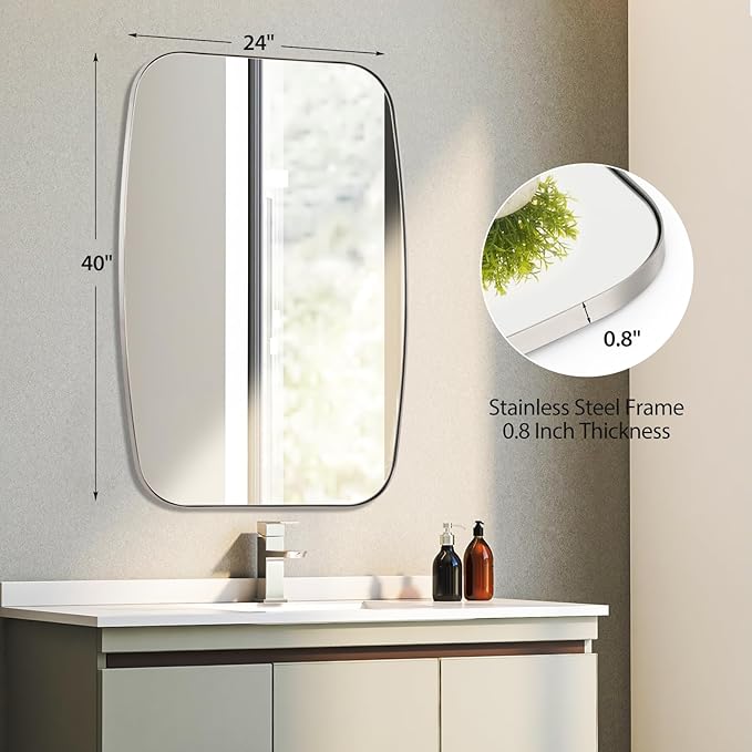 Brushed Nickel Bathroom Mirror, 24"×40" Oval Vanity Mirror with Stainless Steel Metal Frame, Silver Oblong Wall Mount Mirror for Bedroom, Living Room