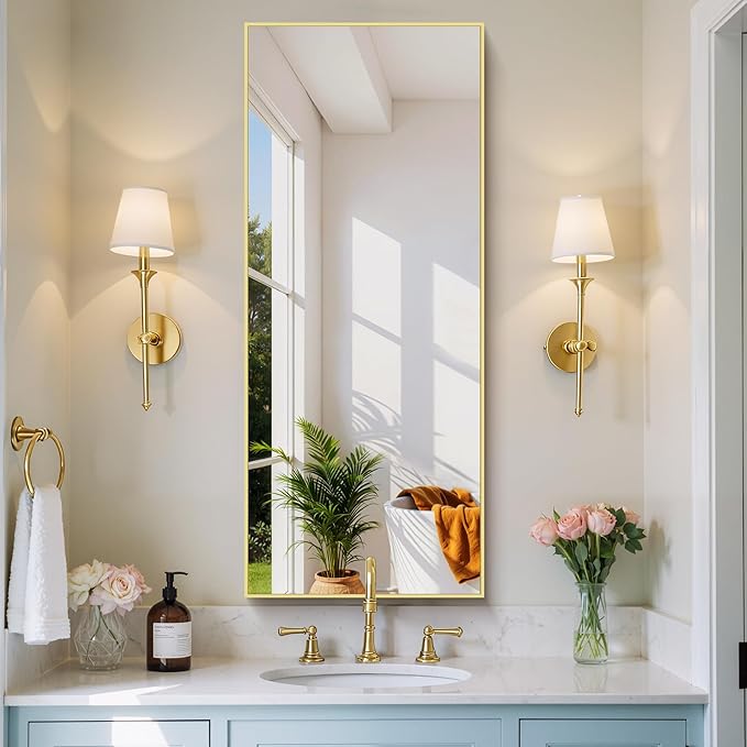 Gold Bathroom Mirror for Wall, 20x48 Inch Rectangle Mirror with Metal Frame, Modern Vanity Mirrors for Bathroom Living Room, Entryway Hangs Horizontal or Vertical