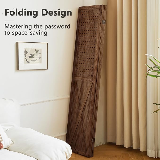 ALeesing 4 Panel Pegboard Wood Room Divider, 5.6Ft Pegboard Display Folding Privacy Screens, Peg Board Display Freestanding for Trade Show Craft Show Home Wall Organizer, Retro Brown