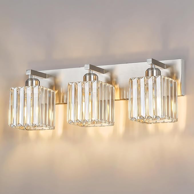 FDPBY Modern Vanity Light 3-Lights Brushed Nickel Vanity Light Crystal Bathroom Wall Light Bathroom Light Fixtures