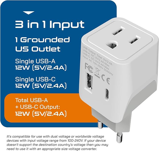 Ceptics European Travel Plug Adapter - USB-A & C, Type C Adapter for Turkey, Egypt, Iceland - USA Input - Ideal for Phones, Chargers, Cameras & More