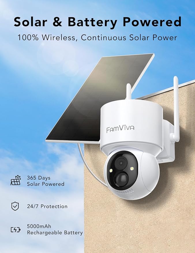 FAMVIVA 2K Solar Security Cameras Wireless Outdoor, 360°PTZ Battery Powered Cameras for Home Security, 2.4G WiFi Outdoor Camera with Color Night Vision, IP66 Waterproof, Motion Sensor Alarm, White-4P